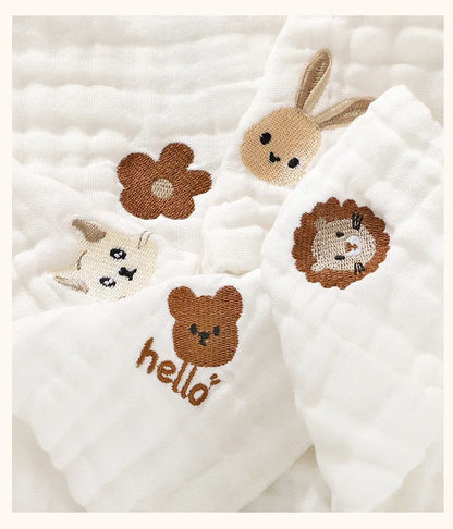 Baby Saliva Towels – 6 Layer Cotton Embroidered Washcloths | Soft Hand & Face Wipes, Burp Cloths, Bibs for Newborns & Toddlers