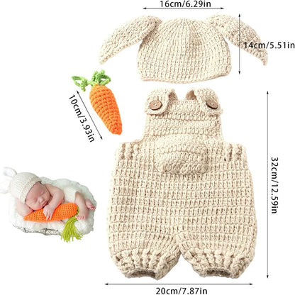 Baby Christmas Photography Outfit | Newborn Knitted Rabbit Hat, Overalls & Carrot Prop | Infant Photoshoot Costume Set