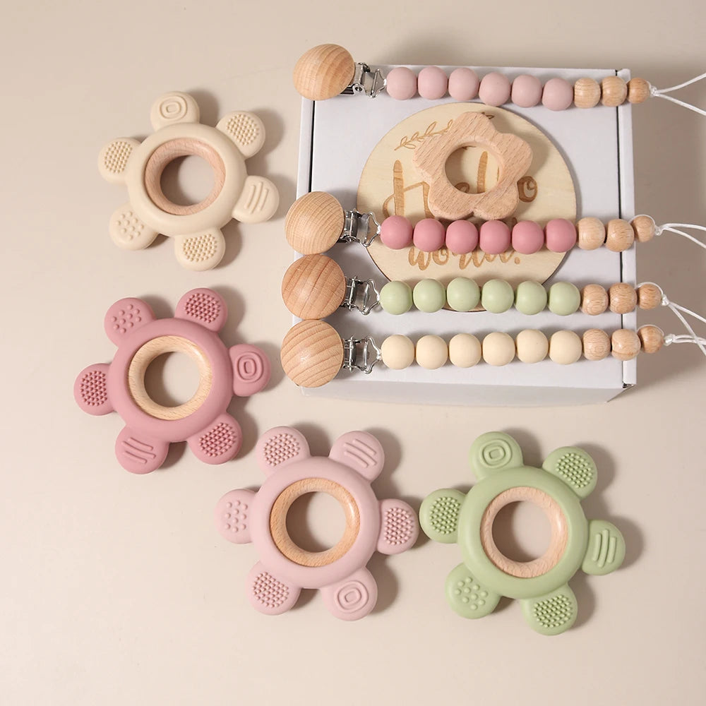 Baby gift set teething toy gift box pacifier chain dummy clip infant essentials flower memory milestone props newborn soothing