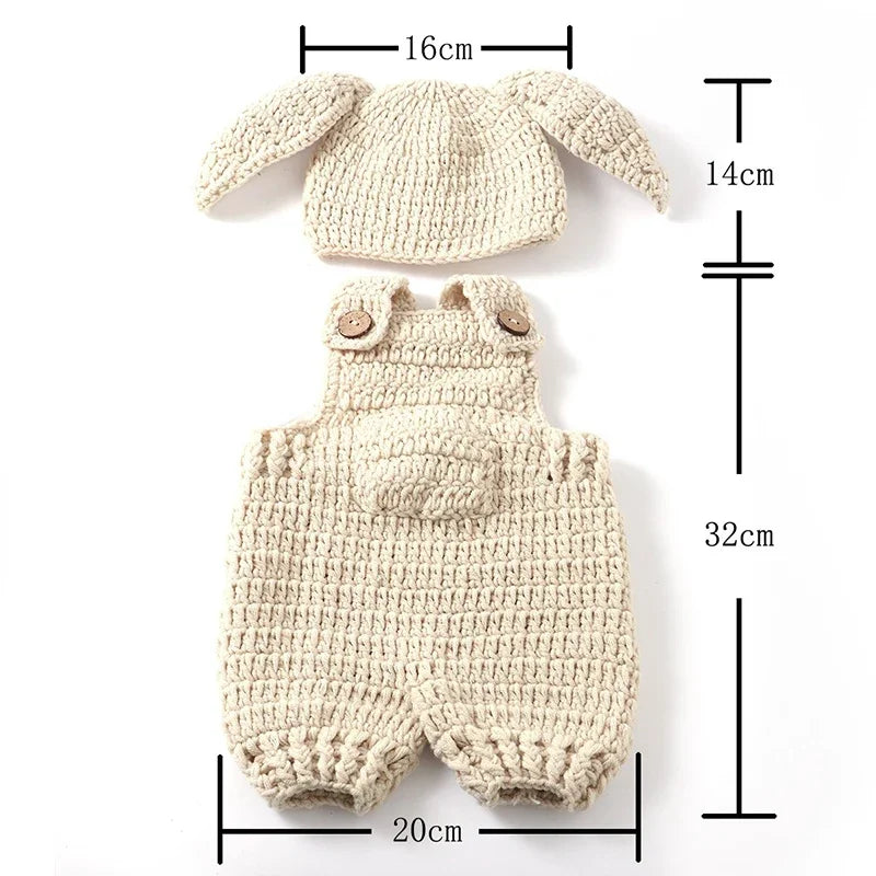 Baby Christmas Photography Outfit | Newborn Knitted Rabbit Hat, Overalls & Carrot Prop | Infant Photoshoot Costume Set
