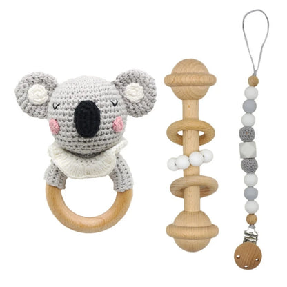 Handmade Crochet Baby Deer & Rabbit Stuffed Dolls with Wooden Teething Ring and Pacifier Chain Clips – Newborn Bunny Rattle Toy, 3 or 4 pcs Set