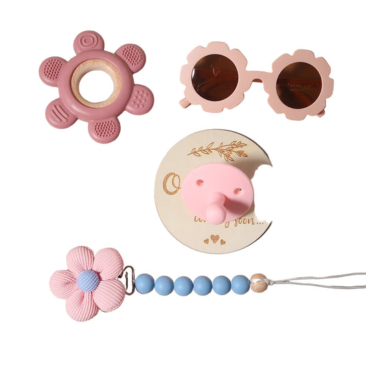 Baby Teether Gift Set – Flower Teething Toy with Pacifier Chain & Baby Sunglasses | Newborn Infant Teether Set for Boys & Girls