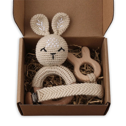 Crochet Bunny Baby Teether & Rattle Set | Beech Wooden Teething Ring + Pacifier Clip | Newborn Montessori Educational Toy