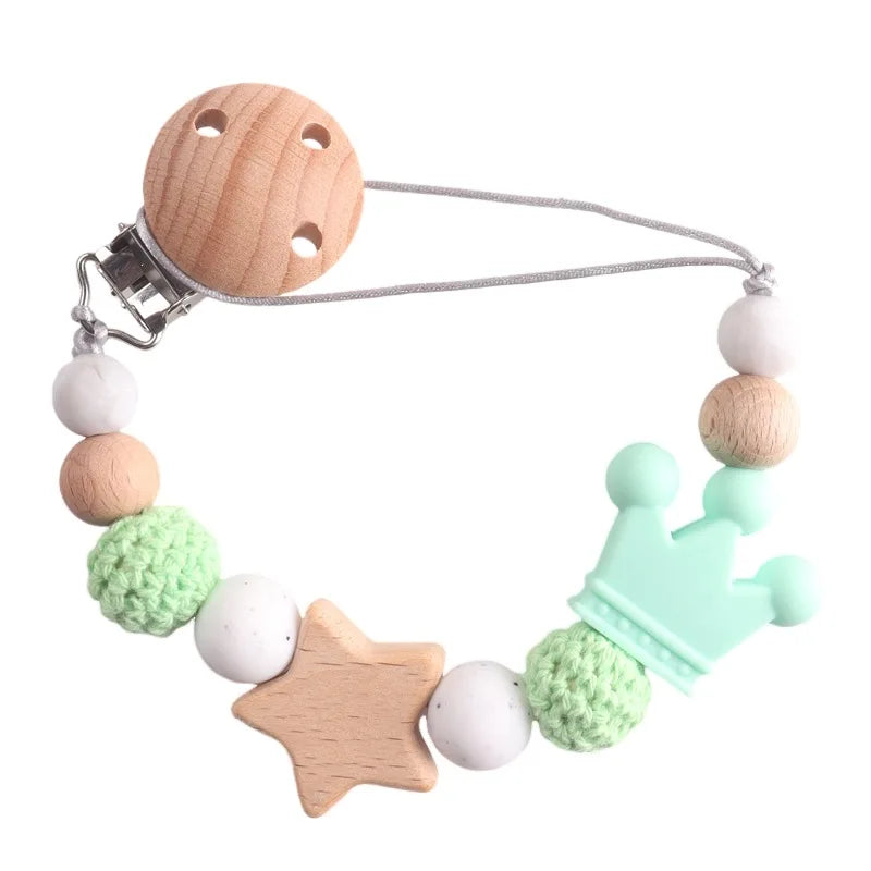 Baby Pacifier Chain Clip | Wooden Pentagram Teether with Silicone Round Beads | Safe Teething Chain & Soother Holder