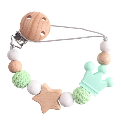 Baby Pacifier Chain Clip | Wooden Pentagram Teether with Silicone Round Beads | Safe Teething Chain & Soother Holder