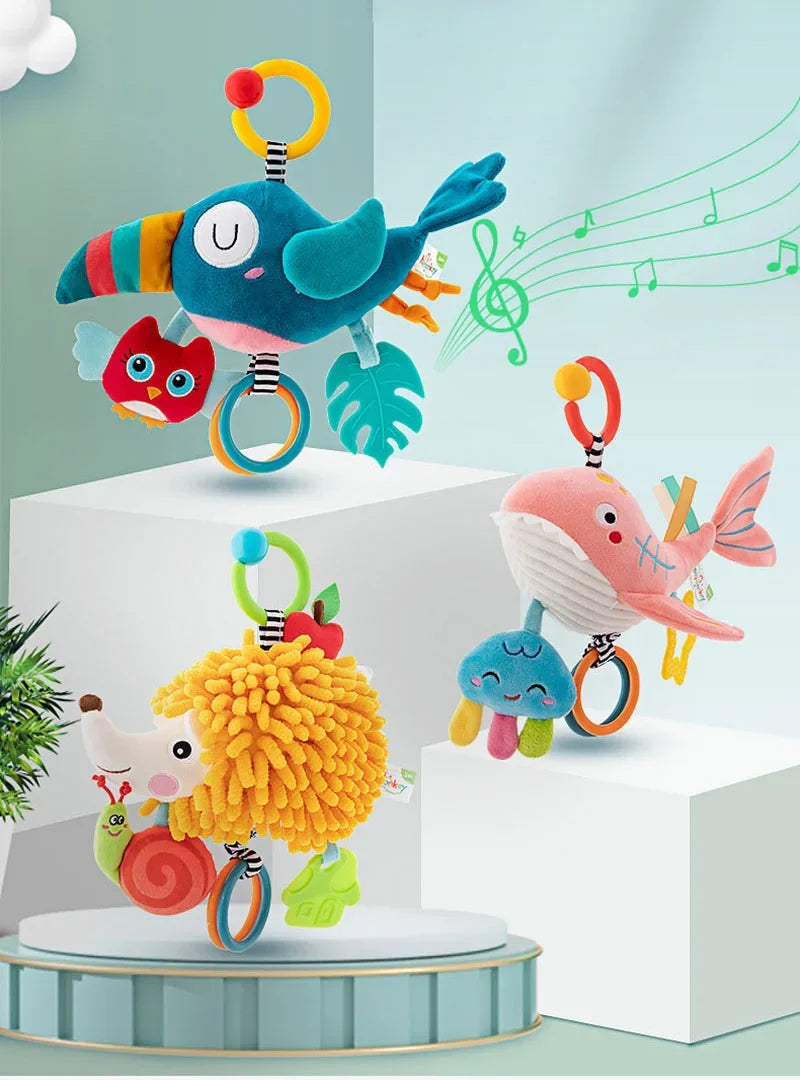 Soft Infant Crib & Stroller Mobile Hanging Rattle – Cute Stuffed Animal Baby Toys | Educational Hand Grip Toy for Brain Development