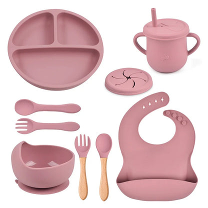Mother Kids 8PCS Baby Silicone Feeding Set – Bib, Suction Plate, Anti-Slip Bowl, Spoon, Cup & Tableware for Infants & Toddlers