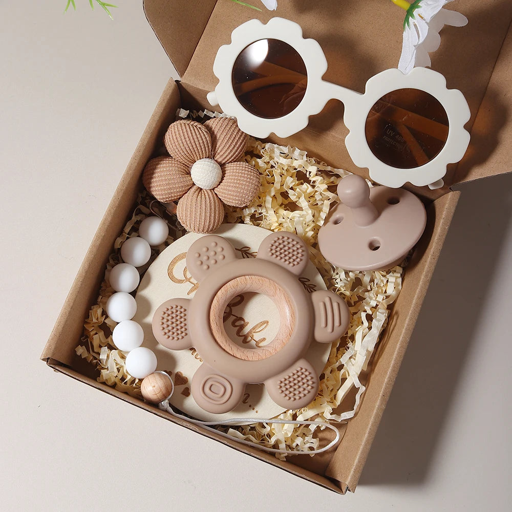 Baby Teether Gift Set – Flower Teething Toy with Pacifier Chain & Baby Sunglasses | Newborn Infant Teether Set for Boys & Girls