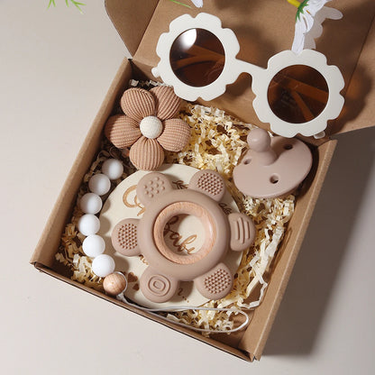 Baby Teether Gift Set – Flower Teething Toy with Pacifier Chain & Baby Sunglasses | Newborn Infant Teether Set for Boys & Girls