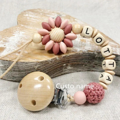Custom Name Baby Pacifier Clip | Silicone Beads Flower Ring Teething Chain | Eco-Friendly Beech Wood Dummy Holder