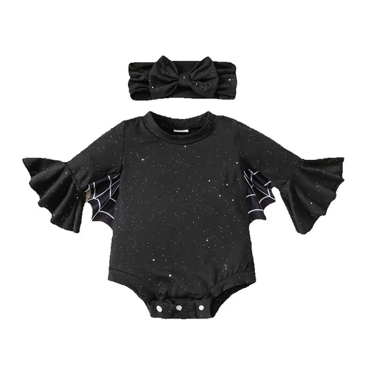 Newborn Baby Girl Halloween Outfit | Flared Sleeve Jumpsuit + Glitter Bodysuit + Bow Headband | Infant Costume Set