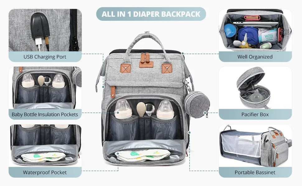 Portable Baby Diaper Bag with Changing Station – Travel Bassinet, Folding Crib, Shade Cloth & Waterproof Changing Pad