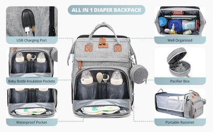 Portable Baby Diaper Bag with Changing Station – Travel Bassinet, Folding Crib, Shade Cloth & Waterproof Changing Pad