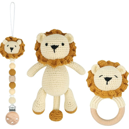 Handmade Crochet Baby Deer & Rabbit Stuffed Dolls with Wooden Teething Ring and Pacifier Chain Clips – Newborn Bunny Rattle Toy, 3 or 4 pcs Set