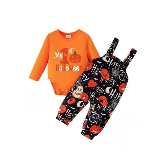 Baby Halloween Outfit 2PCS Set | Pumpkin Romper + Strappy Pants | Infant Boys & Girls Costume Clothes (0–2 Years)