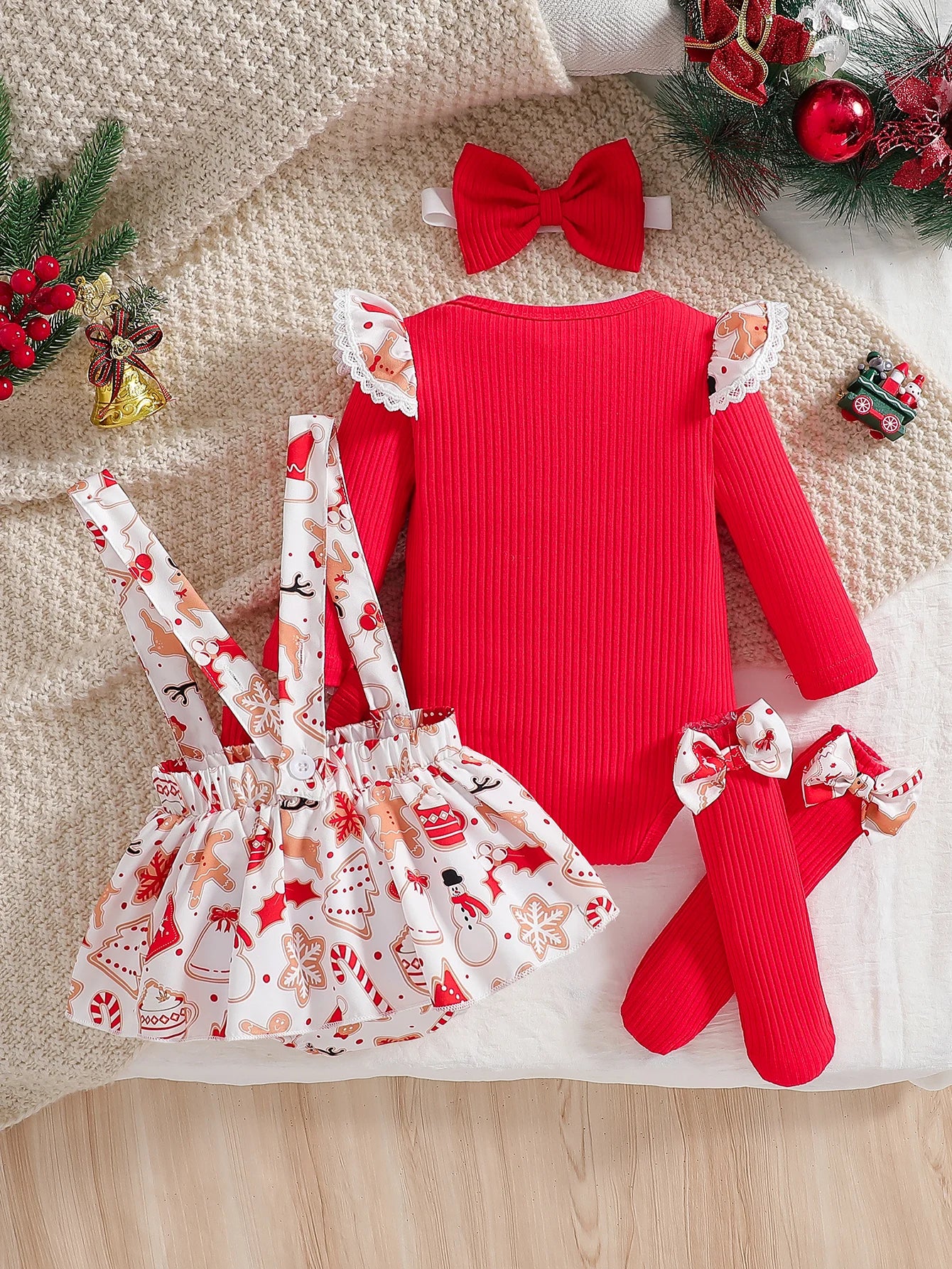 Baby Girl Christmas Outfit Set | Ruffled Long Sleeve Jumpsuit + Suspender Romper + Bow Socks + Headband | Cute Holiday Costume