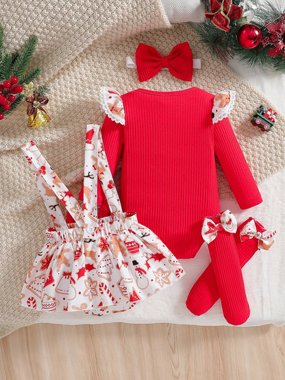 Baby Girl Christmas Outfit Set | Ruffled Long Sleeve Jumpsuit + Suspender Romper + Bow Socks + Headband | Cute Holiday Costume