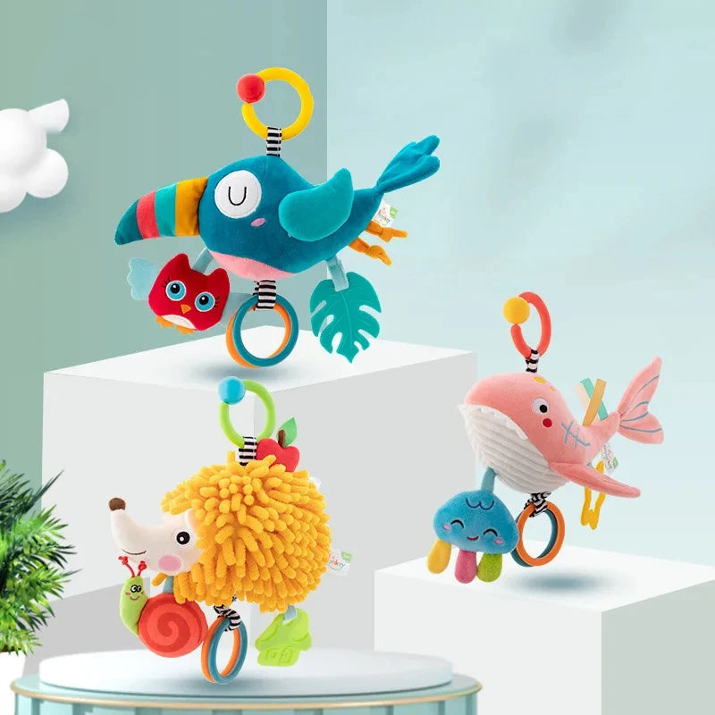 Soft Infant Crib & Stroller Mobile Hanging Rattle – Cute Stuffed Animal Baby Toys | Educational Hand Grip Toy for Brain Development