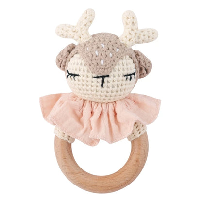 Crochet Bunny Baby Teether & Rattle Set | Beech Wooden Teething Ring + Pacifier Clip | Newborn Montessori Educational Toy