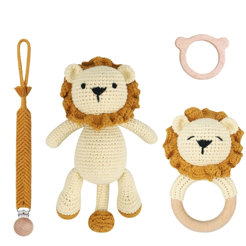 Handmade Crochet Baby Deer & Rabbit Stuffed Dolls with Wooden Teething Ring and Pacifier Chain Clips – Newborn Bunny Rattle Toy, 3 or 4 pcs Set