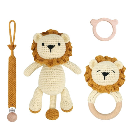 Handmade Crochet Baby Deer & Rabbit Stuffed Dolls with Wooden Teething Ring and Pacifier Chain Clips – Newborn Bunny Rattle Toy, 3 or 4 pcs Set