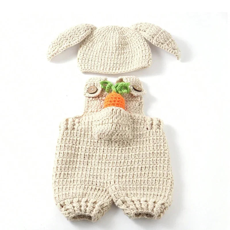 Baby Christmas Photography Outfit | Newborn Knitted Rabbit Hat, Overalls & Carrot Prop | Infant Photoshoot Costume Set