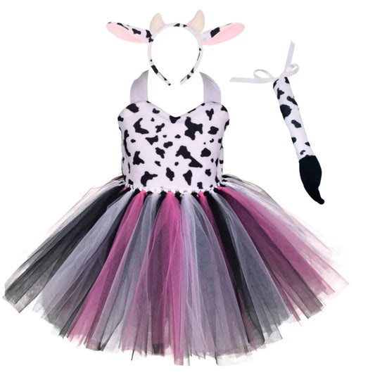 Baby Girls Halloween Animal Cosplay Costume | Kids Forest Theme Giraffe, Cow, Tiger, Leopard, Zebra Tutu Dress | Birthday & Party Outfit