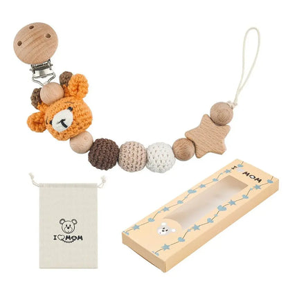 Baby Wooden Pacifier Clip | Crochet Cartoon Teething Soother Chain | BPA-Free Nursing Dummy Holder for Infants