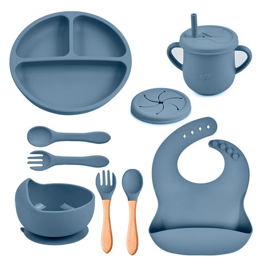 Mother Kids 8PCS Baby Silicone Feeding Set – Bib, Suction Plate, Anti-Slip Bowl, Spoon, Cup & Tableware for Infants & Toddlers