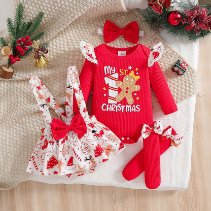 Baby Girl Christmas Outfit Set | Ruffled Long Sleeve Jumpsuit + Suspender Romper + Bow Socks + Headband | Cute Holiday Costume