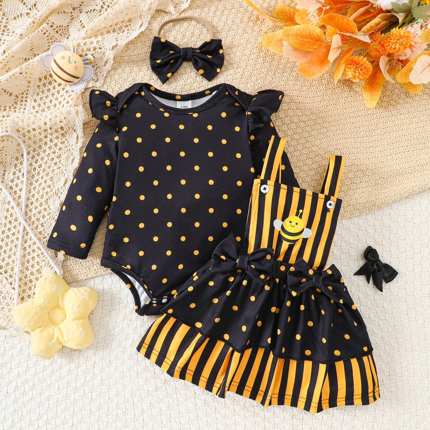 Baby Girl Bee Halloween Costume Set | Infant Romper + Tulle Suspender Dress | Newborn & Toddler Party Outfit