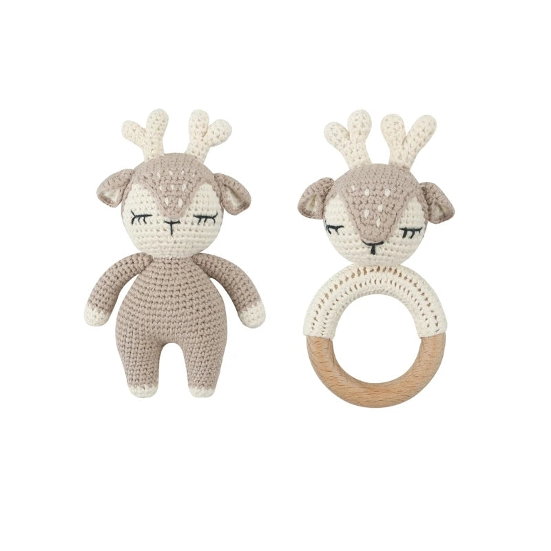 Crochet Bunny Baby Teether & Rattle Set | Beech Wooden Teething Ring + Pacifier Clip | Newborn Montessori Educational Toy