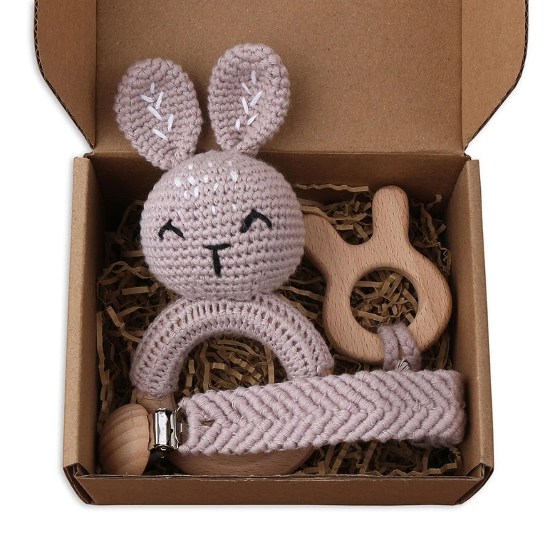 Handmade Crochet Baby Deer & Rabbit Stuffed Dolls with Wooden Teething Ring and Pacifier Chain Clips – Newborn Bunny Rattle Toy, 3 or 4 pcs Set