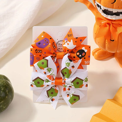 2PCS Baby Girl Halloween Hair Bows | Pumpkin Ghost Print Hair Clips | Toddler Kids Bowknot Hairpins & Accessories