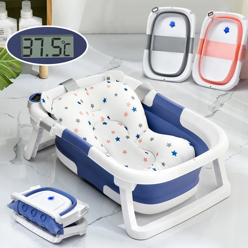 Real-time Temperature Silicone Baby Bathtub – Folding Non-Slip Infant Bath Bucket with Temperature Sensing for Safe Bathing