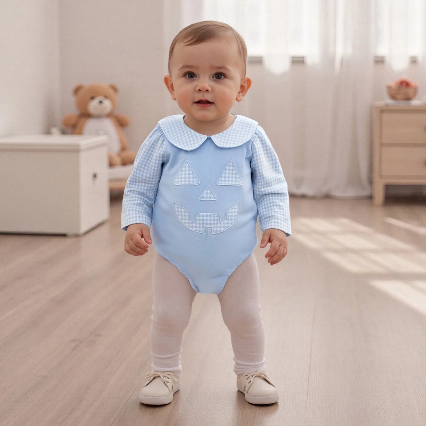 Infant Baby Halloween Romper | Long Sleeve Plaid Print Jumpsuit with Doll Collar | Cute Fall Outfit for Newborns & Toddlers