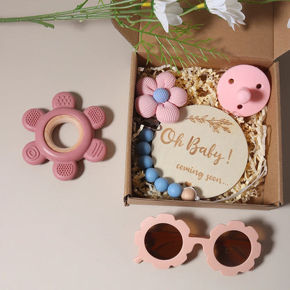 Baby Teether Gift Set – Flower Teething Toy with Pacifier Chain & Baby Sunglasses | Newborn Infant Teether Set for Boys & Girls