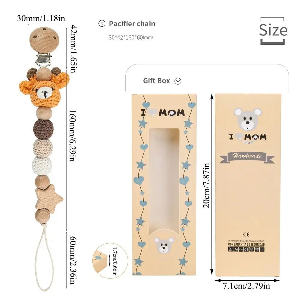 Baby Wooden Pacifier Clip | Crochet Cartoon Teething Soother Chain | BPA-Free Nursing Dummy Holder for Infants