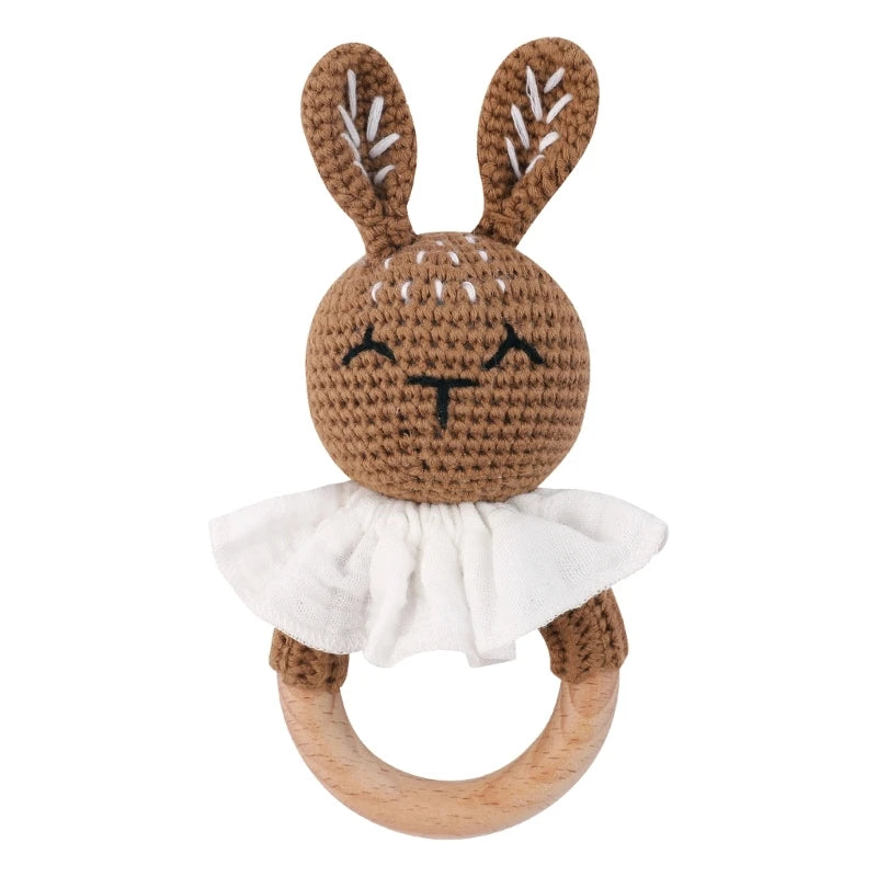 Crochet Bunny Baby Teether & Rattle Set | Beech Wooden Teething Ring + Pacifier Clip | Newborn Montessori Educational Toy