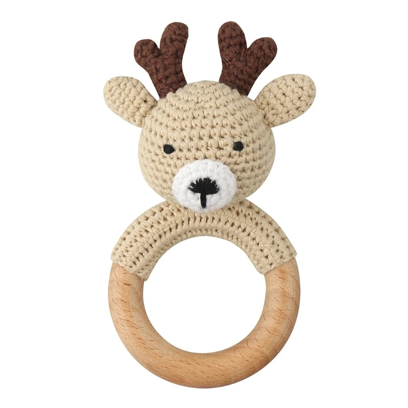 Crochet Bunny Baby Teether & Rattle Set | Beech Wooden Teething Ring + Pacifier Clip | Newborn Montessori Educational Toy