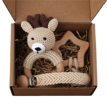 Crochet Bunny Baby Teether & Rattle Set | Beech Wooden Teething Ring + Pacifier Clip | Newborn Montessori Educational Toy