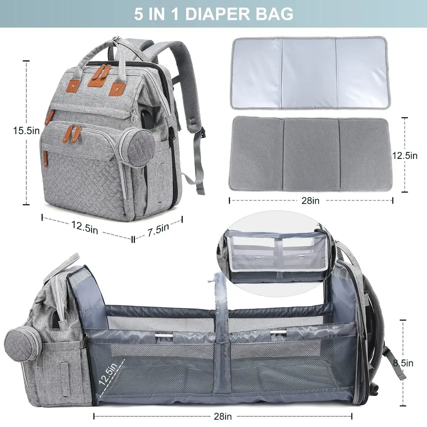 Portable Baby Diaper Bag with Changing Station – Travel Bassinet, Folding Crib, Shade Cloth & Waterproof Changing Pad