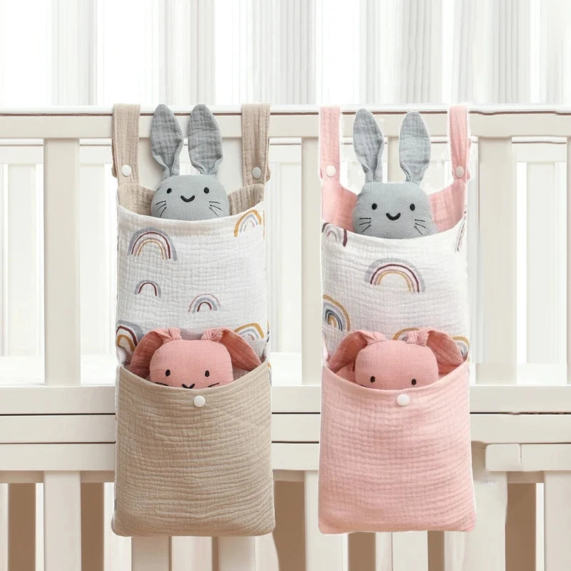 Baby Bed Hanging Storage Bag | Cotton Crib Organizer with Diaper & Toy Pockets | Newborn Bedding Accessories