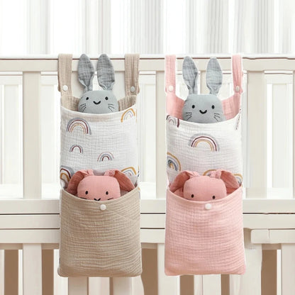 Baby Bed Hanging Storage Bag | Cotton Crib Organizer with Diaper & Toy Pockets | Newborn Bedding Accessories