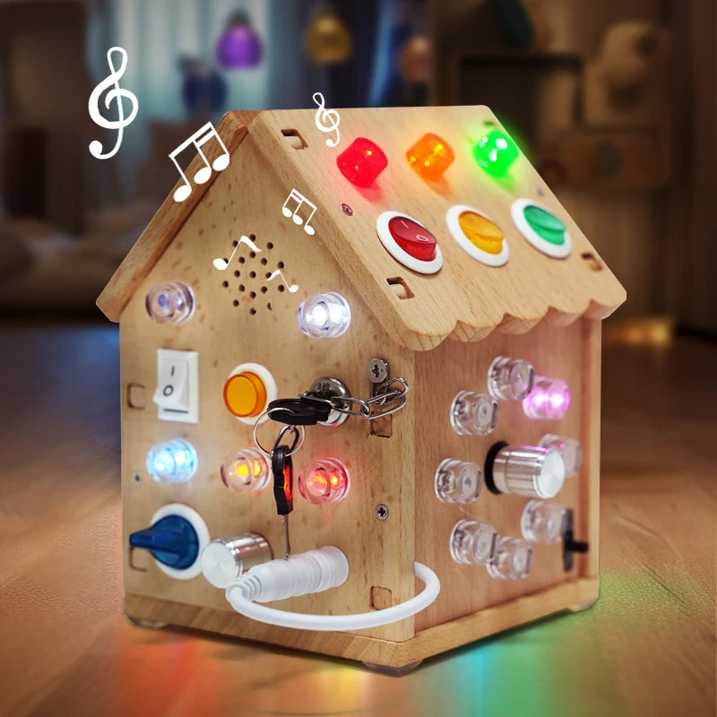 Montessori Busy House – Educational Wooden Activity Toy with Light Switches, Buttons & Music for 3-Year-Old Boys & Girls, Hands-On Learning Gift