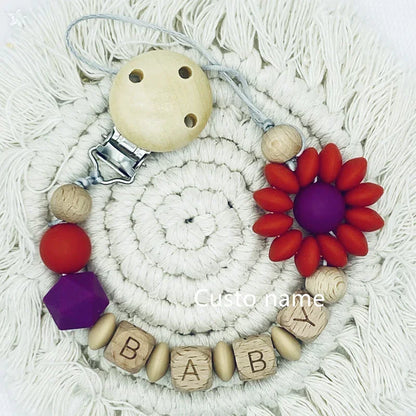 Custom Name Baby Pacifier Clip | Silicone Beads Flower Ring Teething Chain | Eco-Friendly Beech Wood Dummy Holder