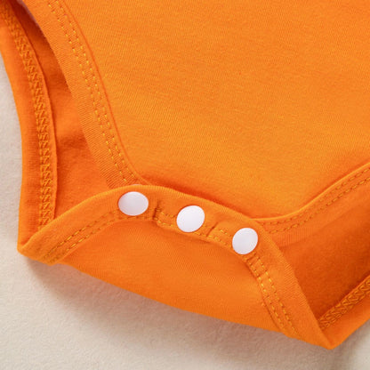 Pumpkin Baby Girl Halloween Outfit | Infant Long Sleeve Bodysuit + Suspender Skirt with Bow | My First Halloween Costume