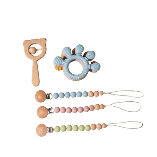 Baby bibs Gift Set With hand Teething Pacifier Chain wooden bear Rattle  New Born Baby Teether Set