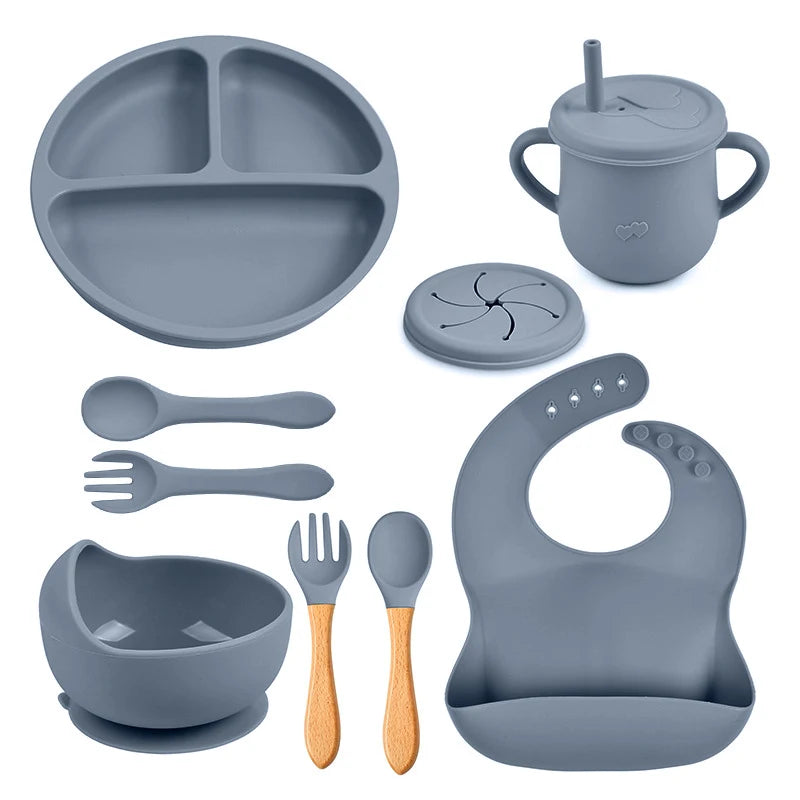 Mother Kids 8PCS Baby Silicone Feeding Set – Bib, Suction Plate, Anti-Slip Bowl, Spoon, Cup & Tableware for Infants & Toddlers