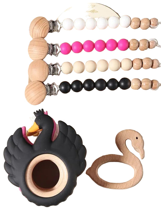 4pcs Baby Gift Set – Swan Teether, Baby Bibs, Flamingo Pacifier Chain & Rattle | Newborn Teething Toy & Photography Props